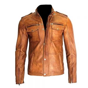 Mens Brown Leather Zip Fasten Long Sleeve Motorcycle Jacket